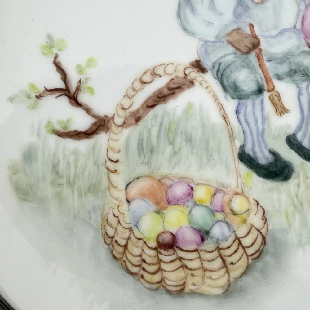 VTG Late 20 Century Easter Plate with Hand Painted Bunny Rabbit Eggs Silver Trim